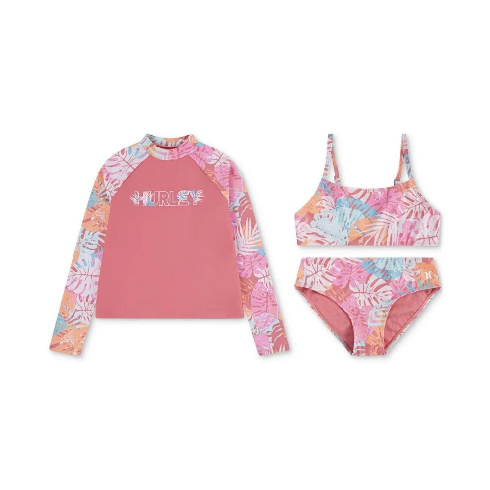 Hurley 3-Piece Rashguard Set Girls 8 Sunset Coral Tropical Swimwear GBO1354
